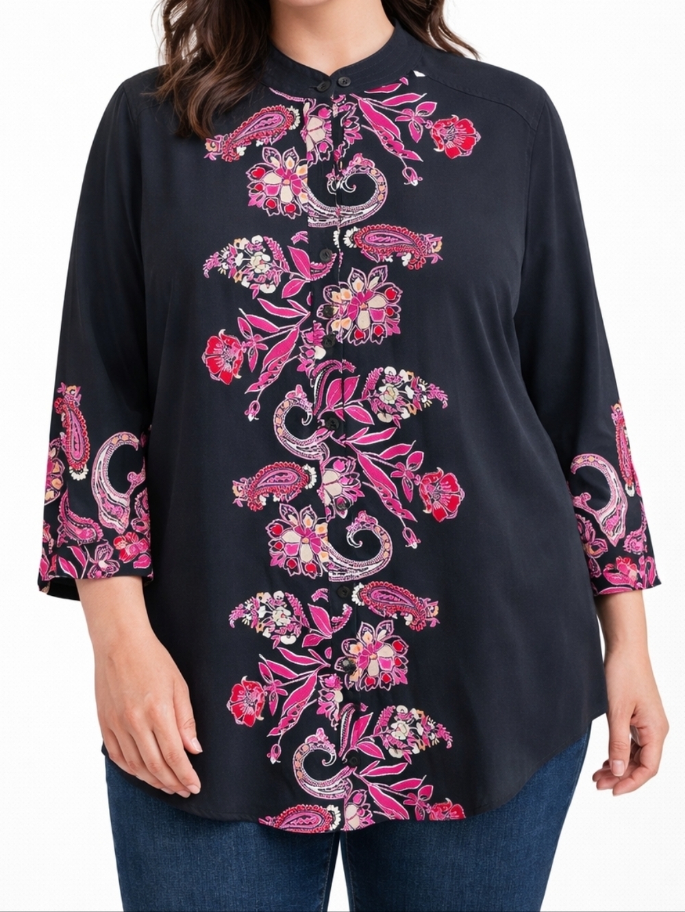 Chico’s Floral Blouse Women Size 4 (US 20) Black Pink Paisley Button Front XL